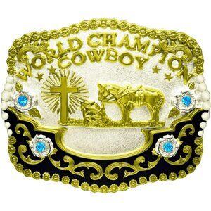 Women's Blue Crystal Religion Cross Kneeling Prayer And Horse Design Belt Buckle